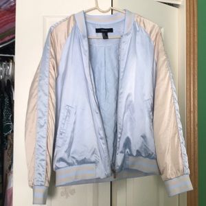 Silky blue and cream colored bomber jacket